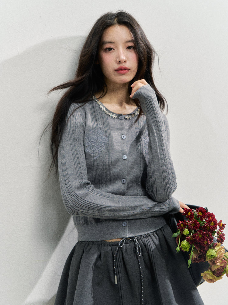 Handmade Rhinestone Collar Rose-Embroidered Knitted Cardigan - CHINASQUAD