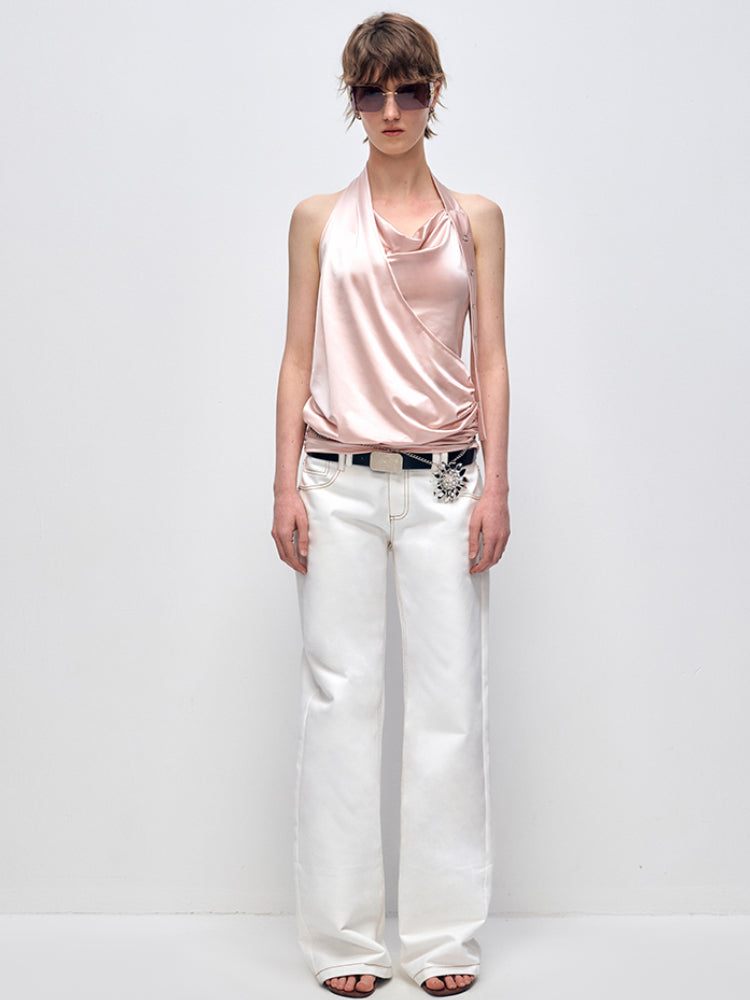 White Patchwork Leopard Print Straight-Leg Denim Pants - CHINASQUAD