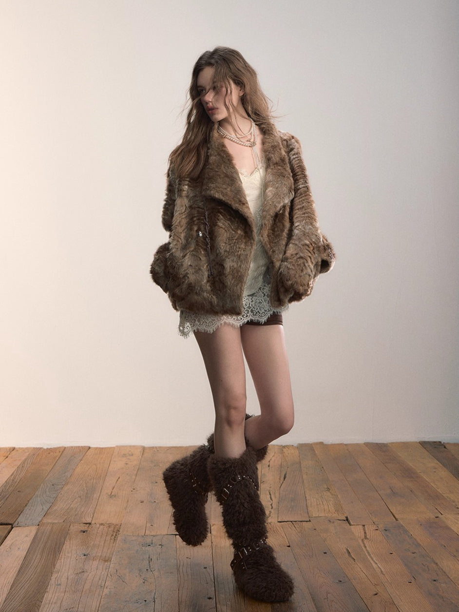 Textured Faux Fur Oversized Lapel Jacket