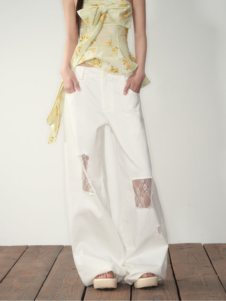 White Lace Splicing Denim Wide-Leg Pants - CHINASQUAD