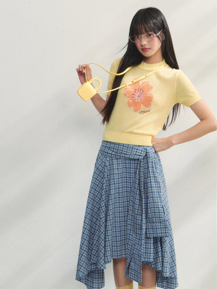 Blue Checkered Irregular Tie-Waist Skirt - CHINASQUAD