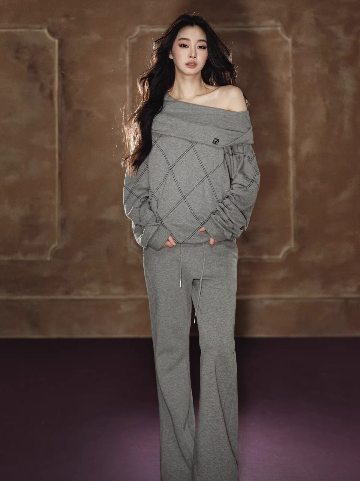 Off-Shoulder Sweatshirt & Flared Wide-Leg Sweatpants Set