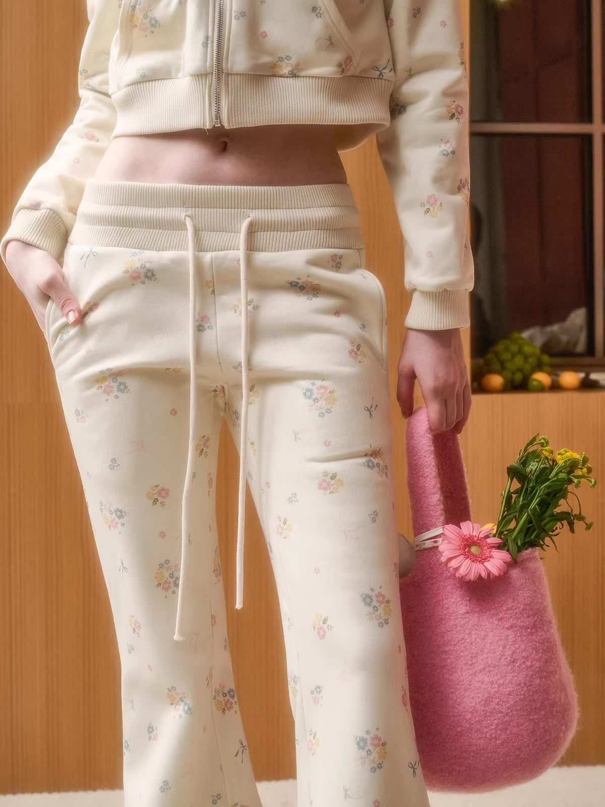 Floral-Trim Hoodie Jacket Set