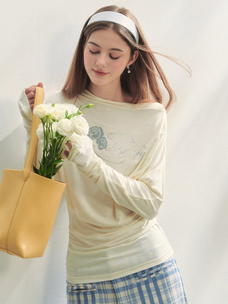 Floral Print Pleated Long-Sleeve T-shirt - CHINASQUAD