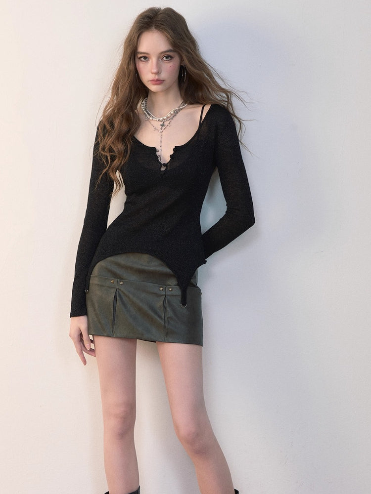 Irregular Knit Waist-Cinched Long-Sleeve Tee