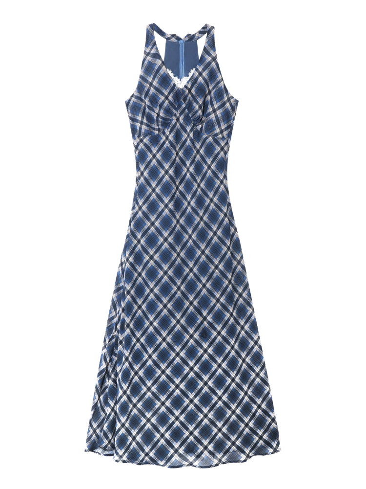V-Neck Lace Spliced Halter Dress - CHINASQUAD