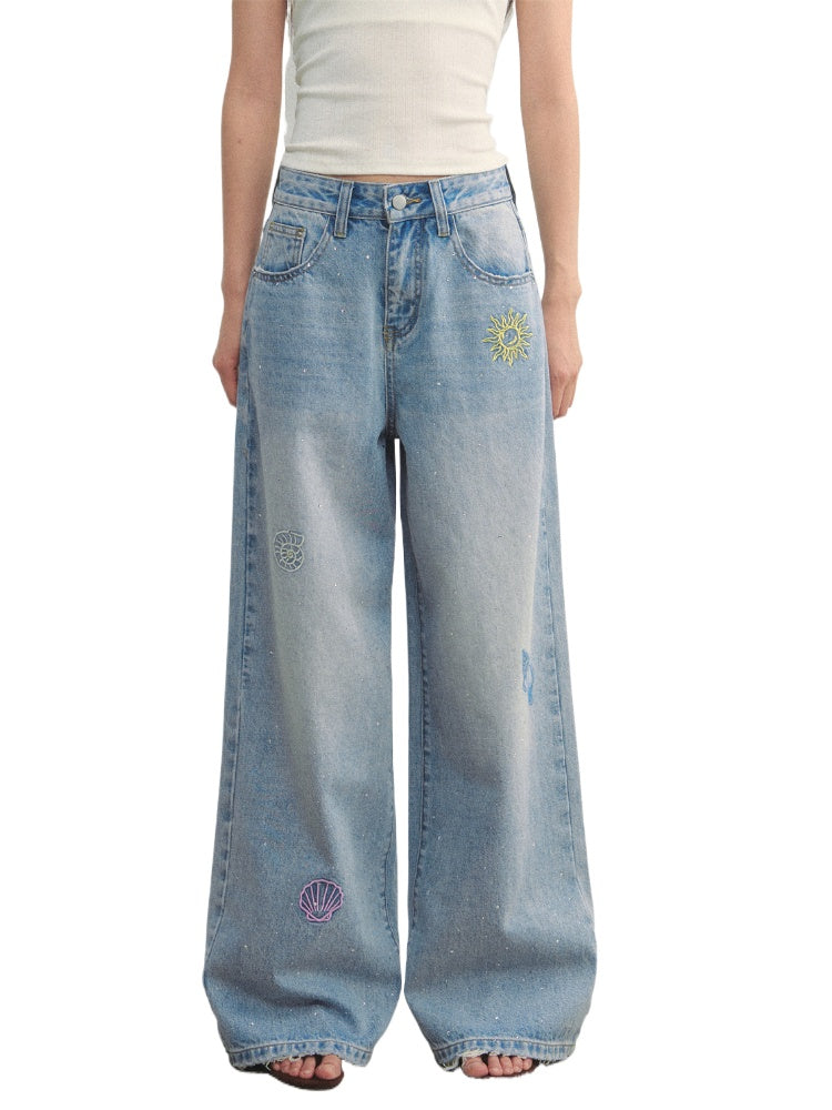 Embroidered Denim Wide-Leg Pants - CHINASQUAD
