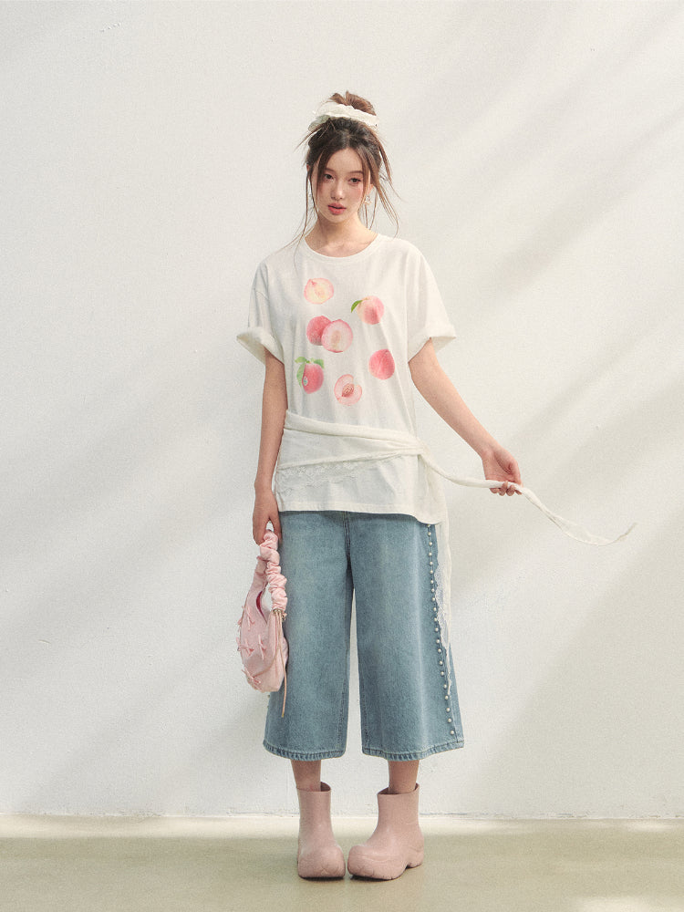 Fruit Print Lace-Trimmed Tie-Up T-shirt - CHINASQUAD