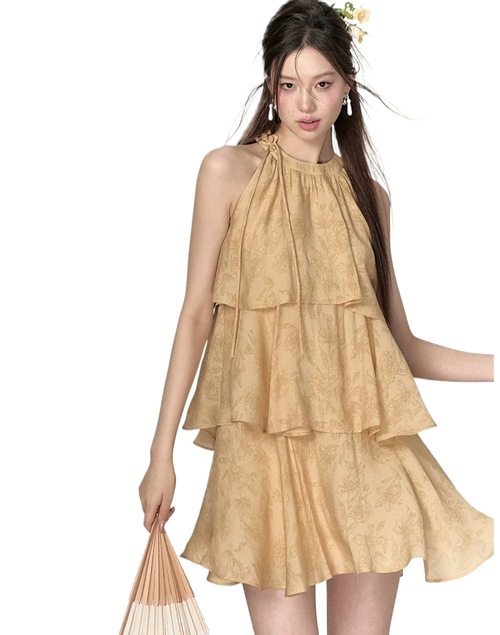 Mustard Yellow Halter Floral Dress - CHINASQUAD