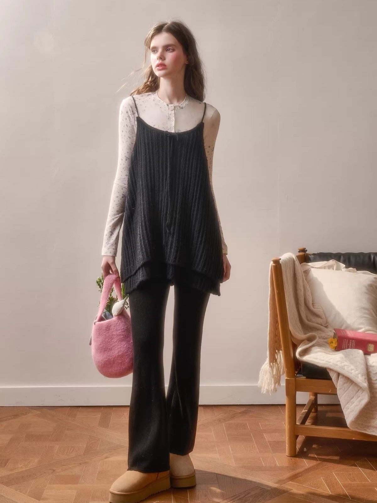 Wool-Blend Vintage Top & Ruffle Pants Set