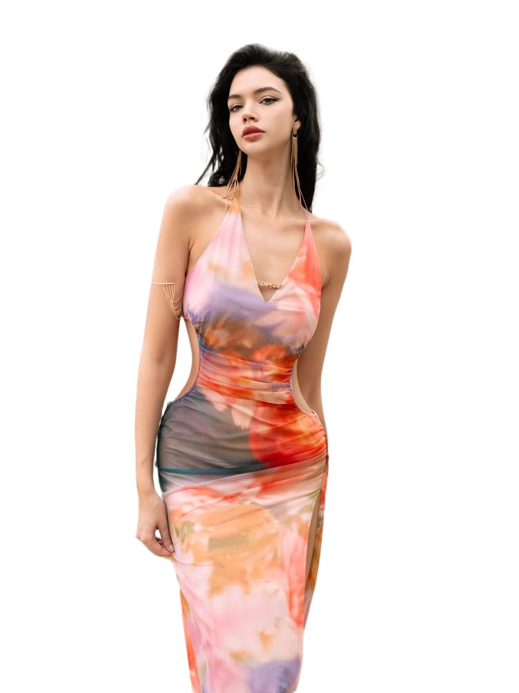 PB Pomegranate Floral High-Slit Halter Dress - CHINASQUAD