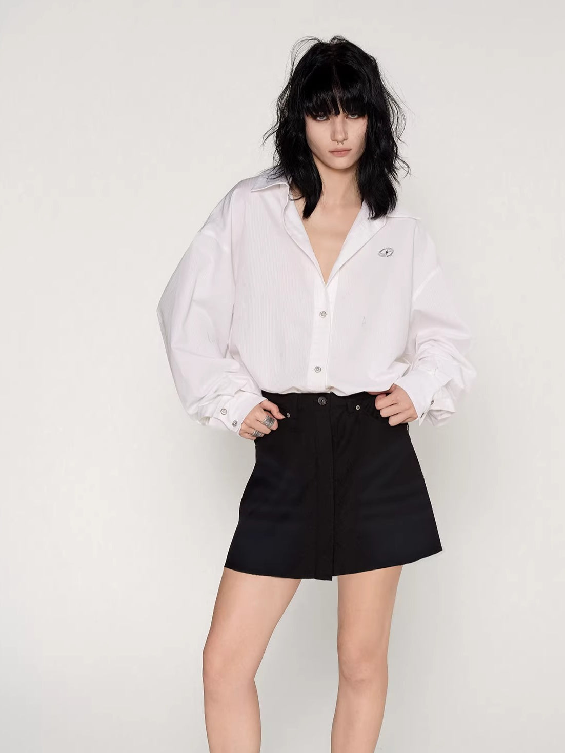 Washed Patchwork Faux Two-Piece Shirt Dress