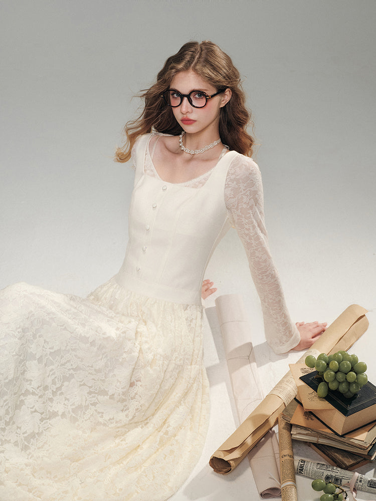 White Lace Knit Top & Pleated Skirt Set - CHINASQUAD