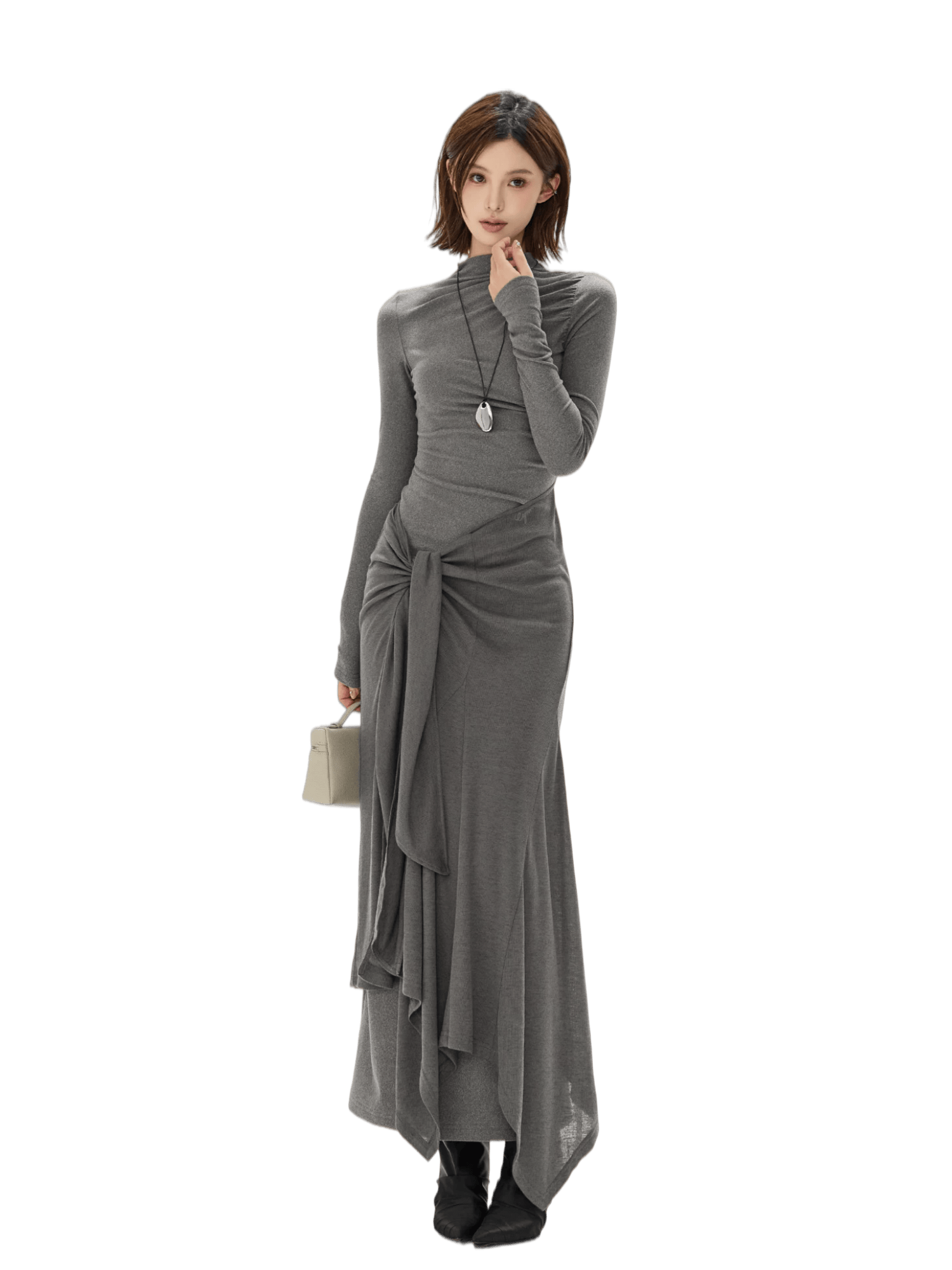 Half-High Neck Tie-Detail Knit Maxi Dress