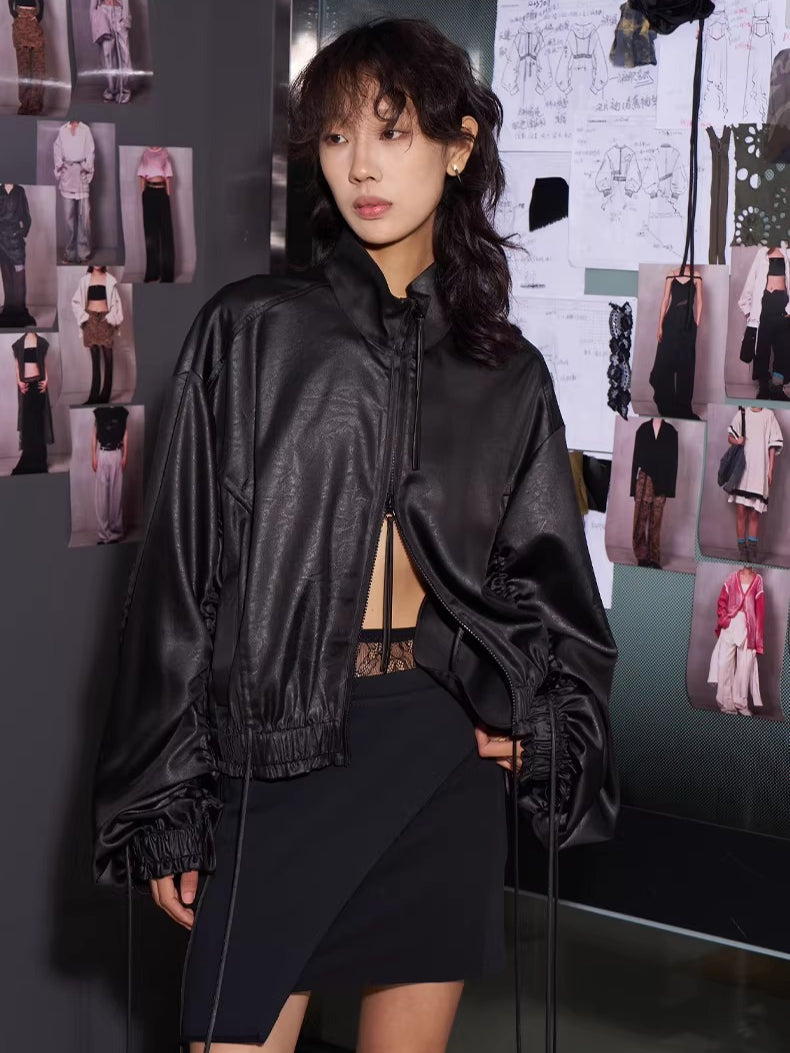 Leather-Texture Athletic Zip Jacket