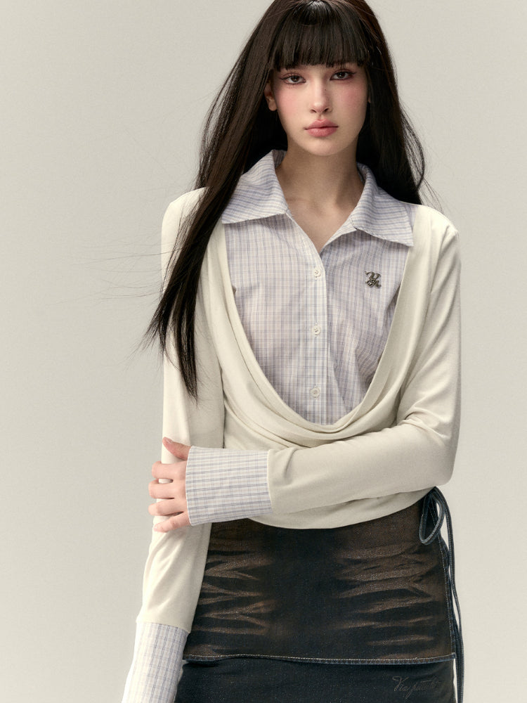 Fake Two-Piece Plaid Spliced Shirt - CHINASQUAD