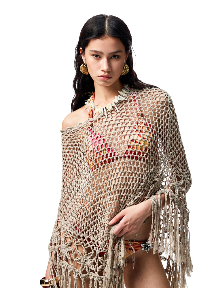 Hollow Out One-Piece Fringed Knit Shrug - CHINASQUAD