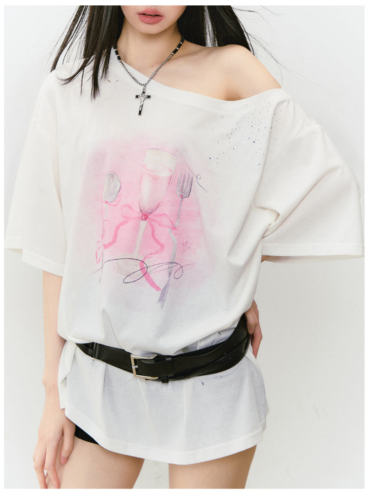 Rhinestone Printed Asymmetric Shoulder Short sleeve T-shirt - CHINASQUAD