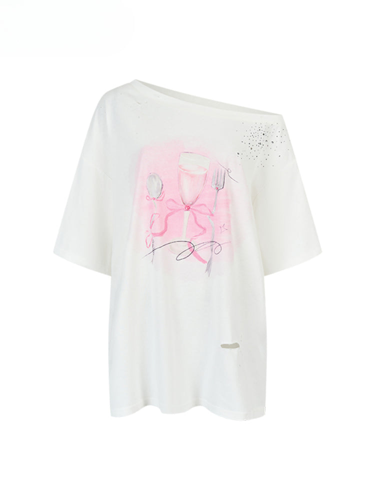 Rhinestone Printed Asymmetric Shoulder Short sleeve T-shirt - CHINASQUAD