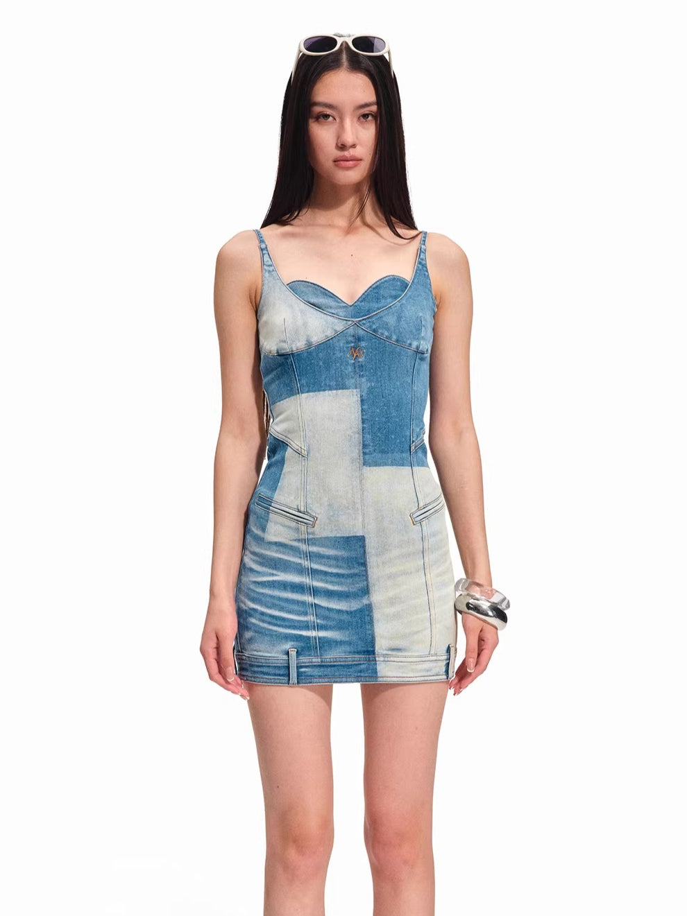Equestrian Contrast Panel Denim Slip Dress