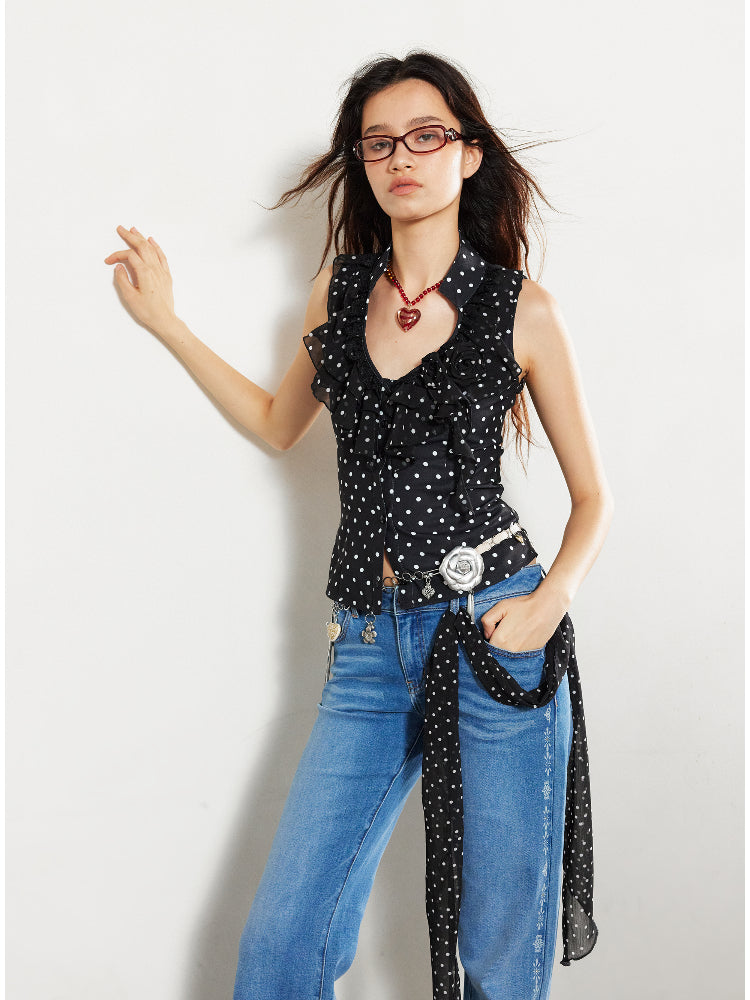 Lace Love Embroidery Polka Dot V-Neck Tank Top - CHINASQUAD