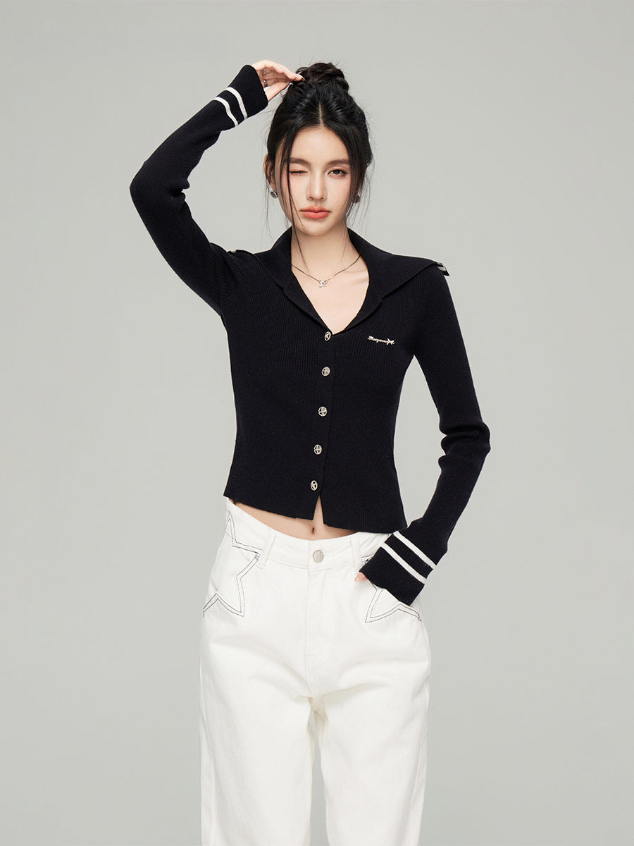 Navy Collar Ribbed Knit Cardigan  - CHINASQUAD