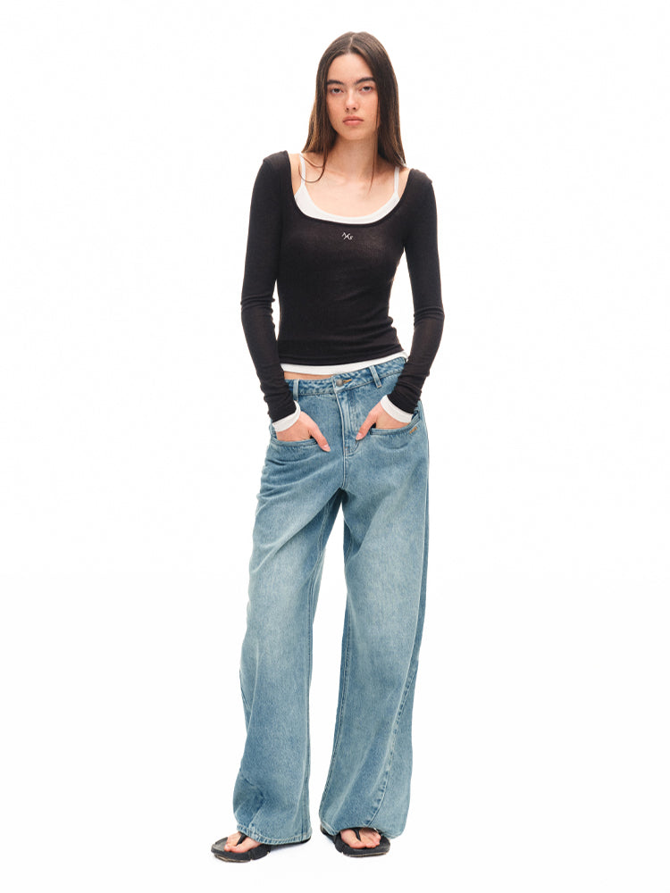 Color-block Two-piece Integrated Strap Layered T-shirt - CHINASQUAD