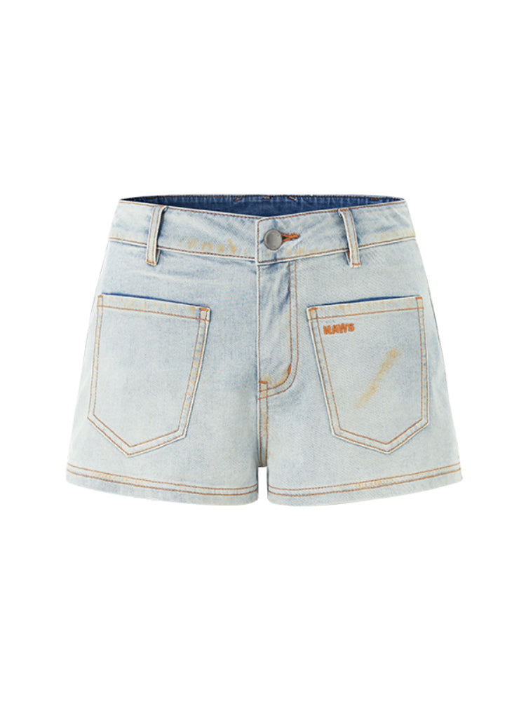 Washed and Distressed Straight-Leg Mid-Rise Hot Pants - CHINASQUAD