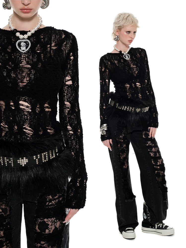 Blue & Black Ripped Lace Denim Jeans - CHINASQUAD