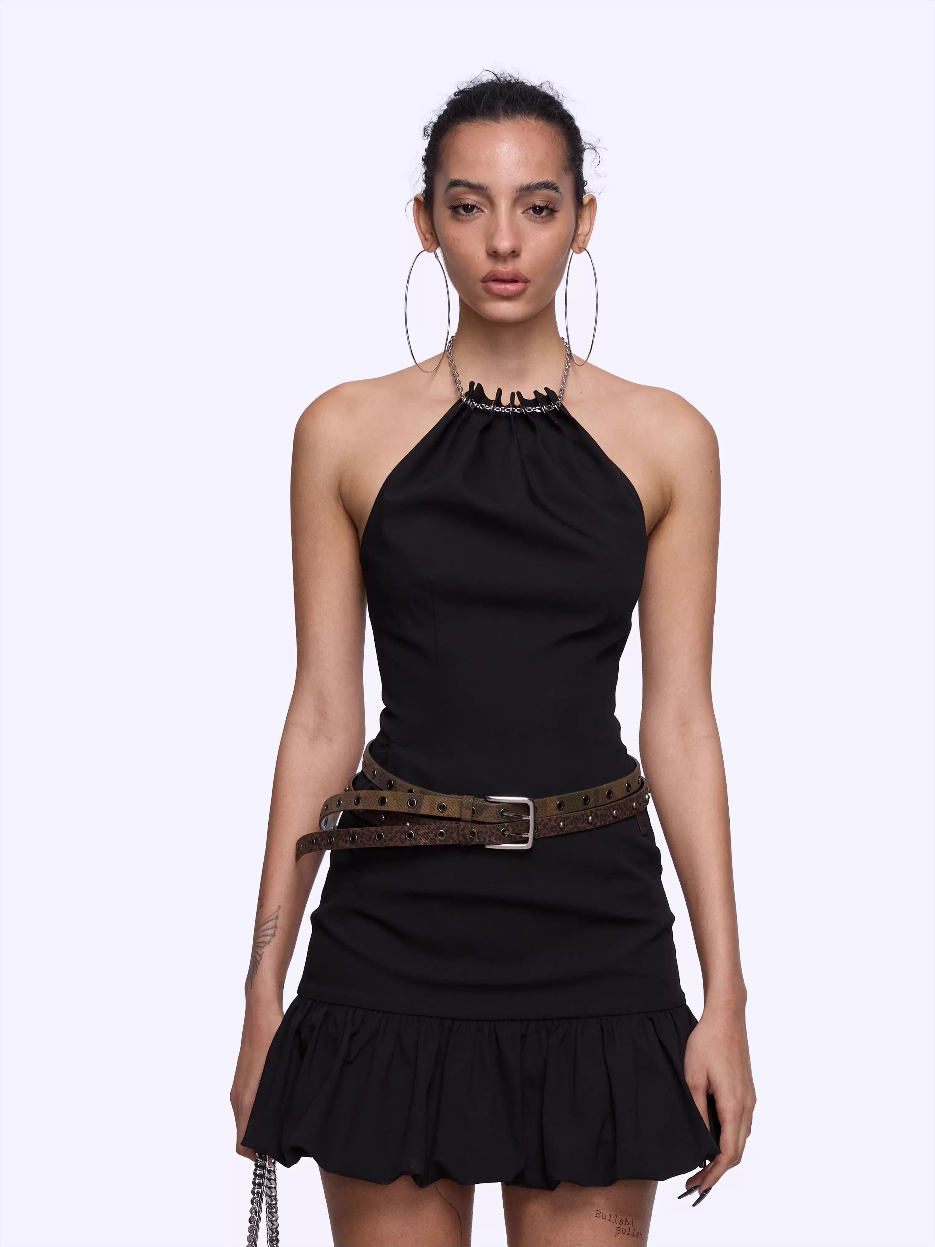 Chain Halter Bubble-Waist Mini Dress