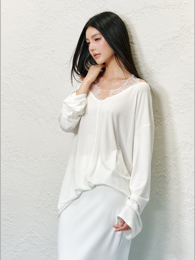 Lace Spliced V-neck Fake Two-Piece T-shirt - CHINASQUAD