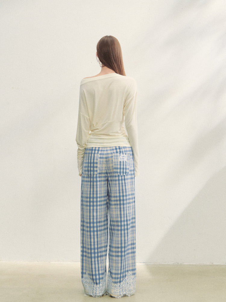 Lace Panel Checked Straight-Leg Pants - CHINASQUAD