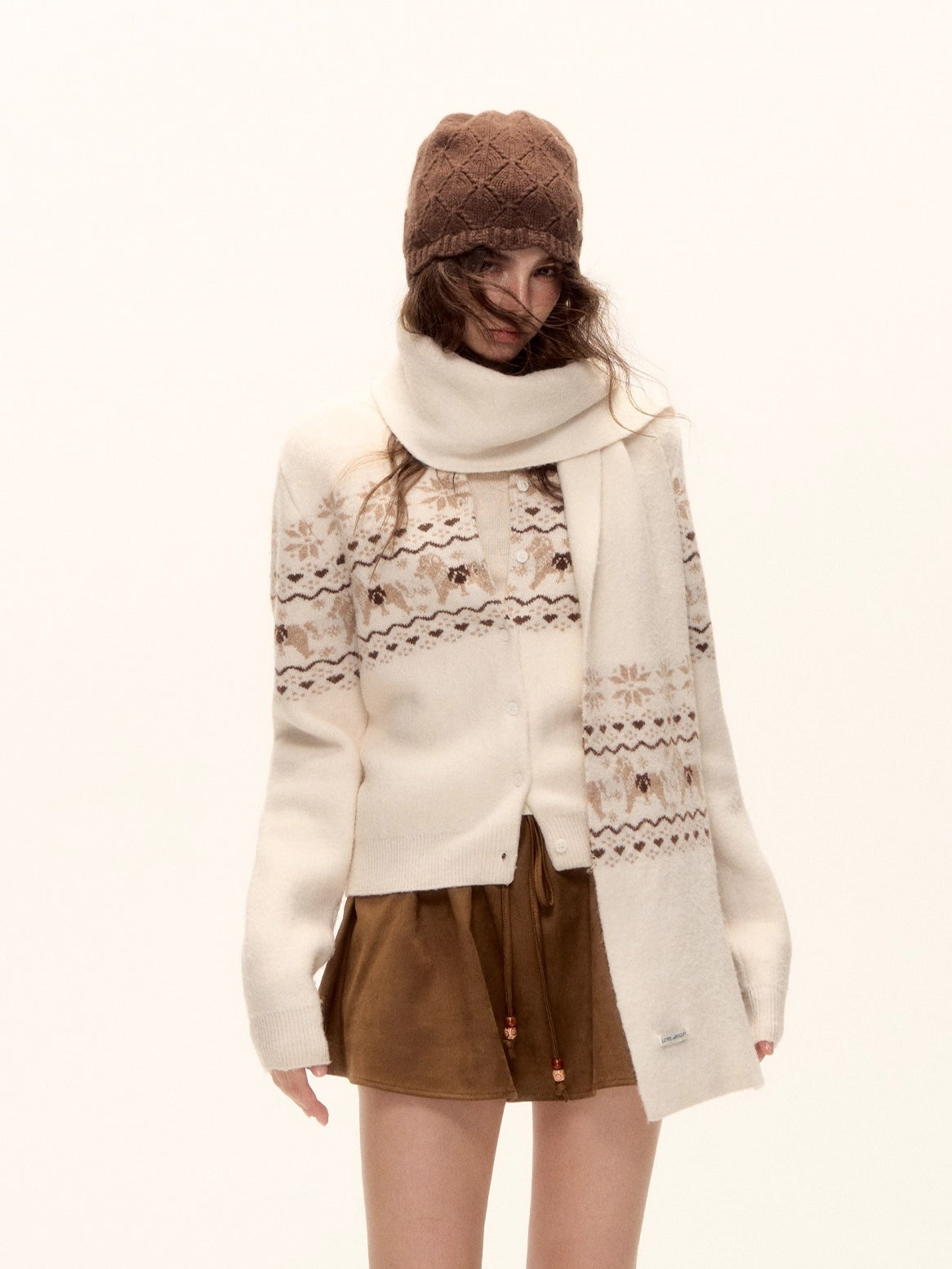 Fair Isle Wool-Blend Knit Cardigan & Scarf Set