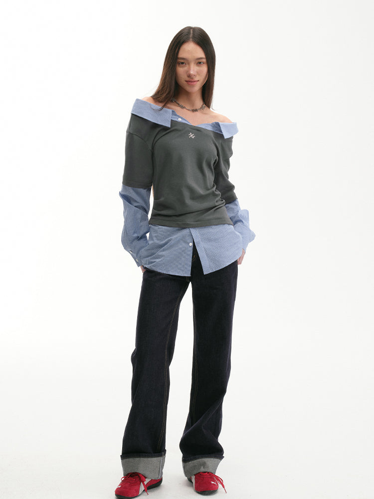 Off-shoulder Slimming Shirt Patchwork T-shirt - CHINASQUAD
