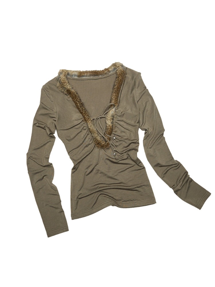 Fur Trimmed Deep V-Neck Slim Fit Knit Top - CHINASQUAD