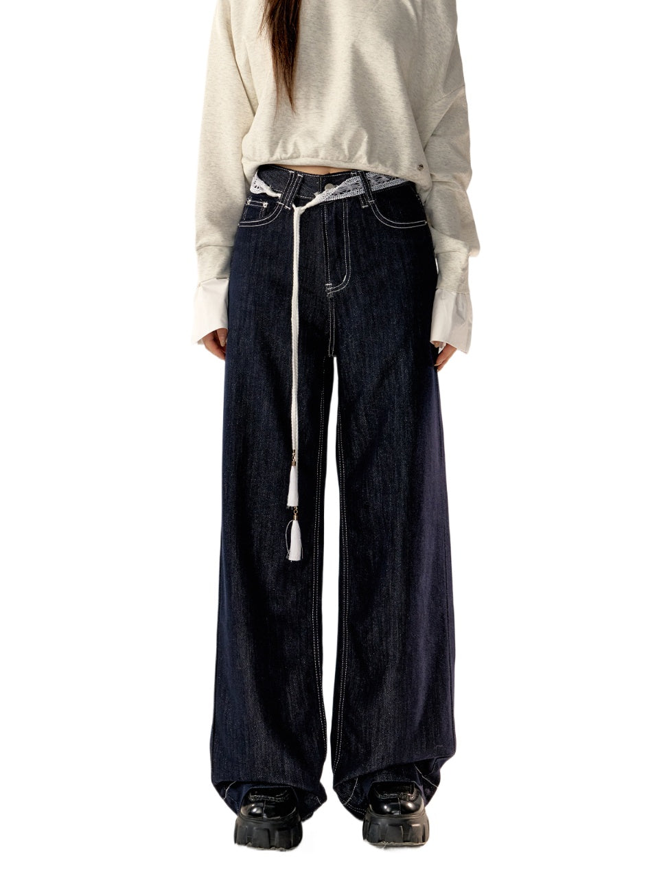 Dark Blue High-waist Wide-leg Pants - CHINASQUAD