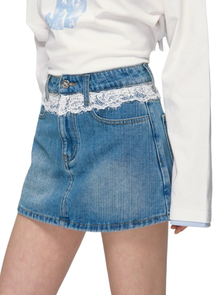 Blue Lace-Trim Denim Skirt - CHINASQUAD