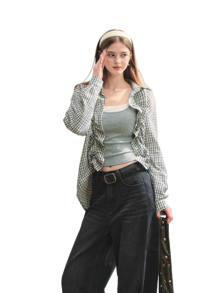 Checkered Contrast Hem Drawstring Pleated Shirt - CHINASQUAD