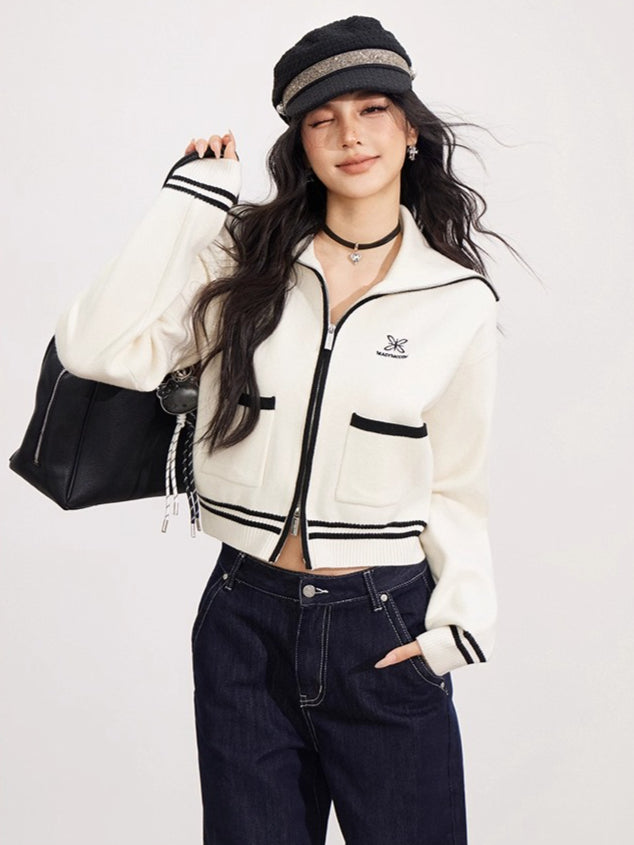 Contrast Trim Zip-Up Sailor Collar Knit Cardigan - CHINASQUAD