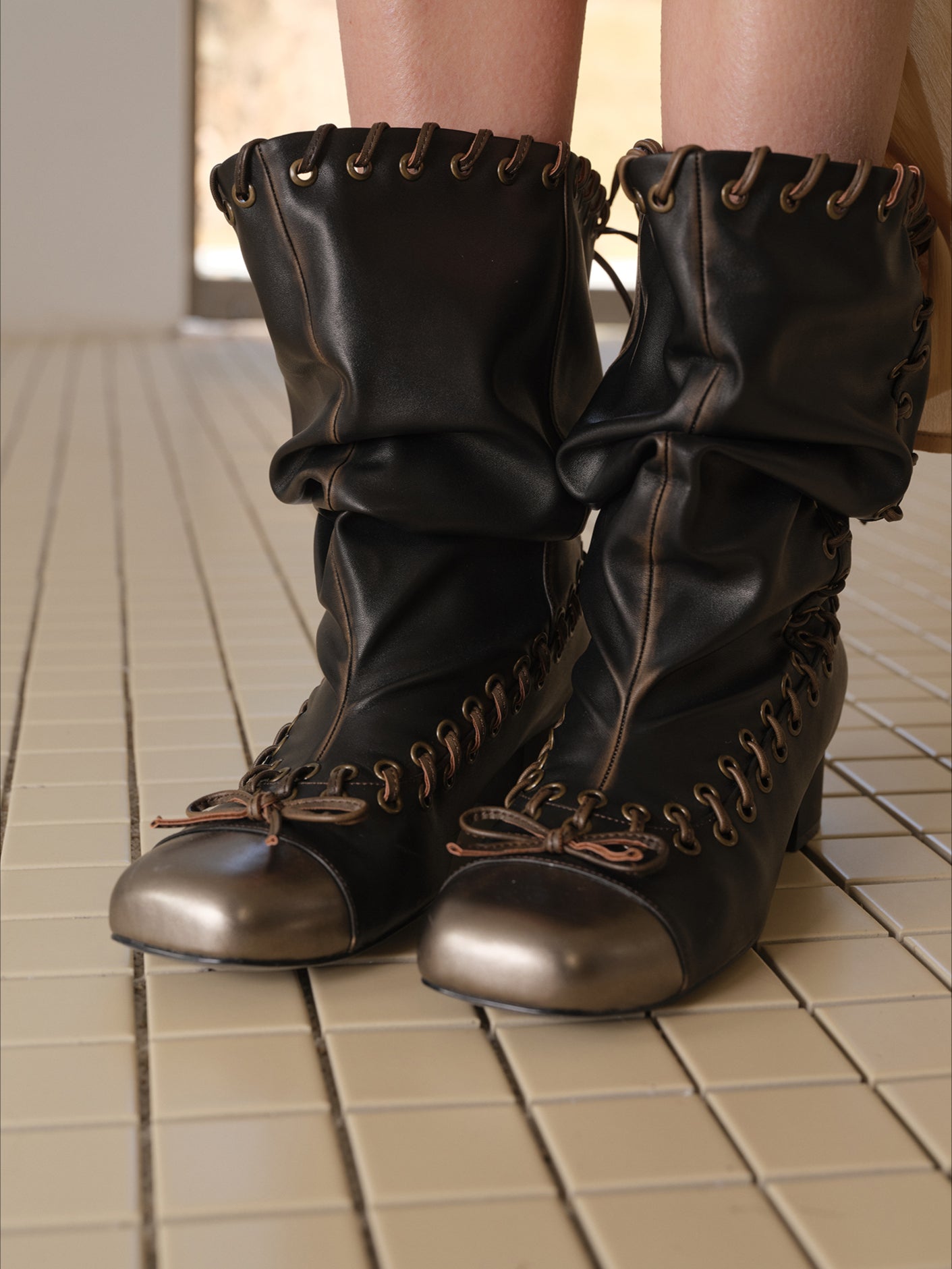 Punk Metal Toe Lace-Up Slouch Boots - CHINASQUAD
