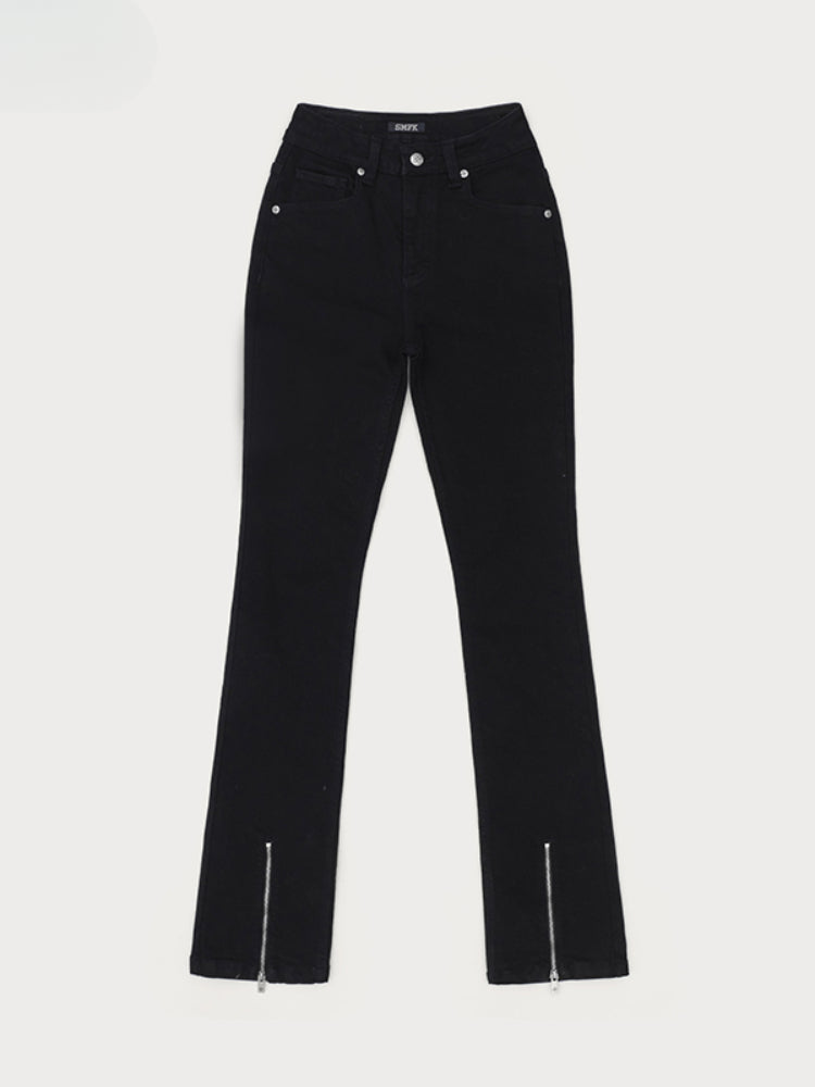 Rivet Biker Zipper Elastic Split Flare Jeans