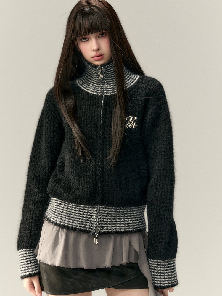 Color-Block High-Neck Knit Cardigan - CHINASQUAD