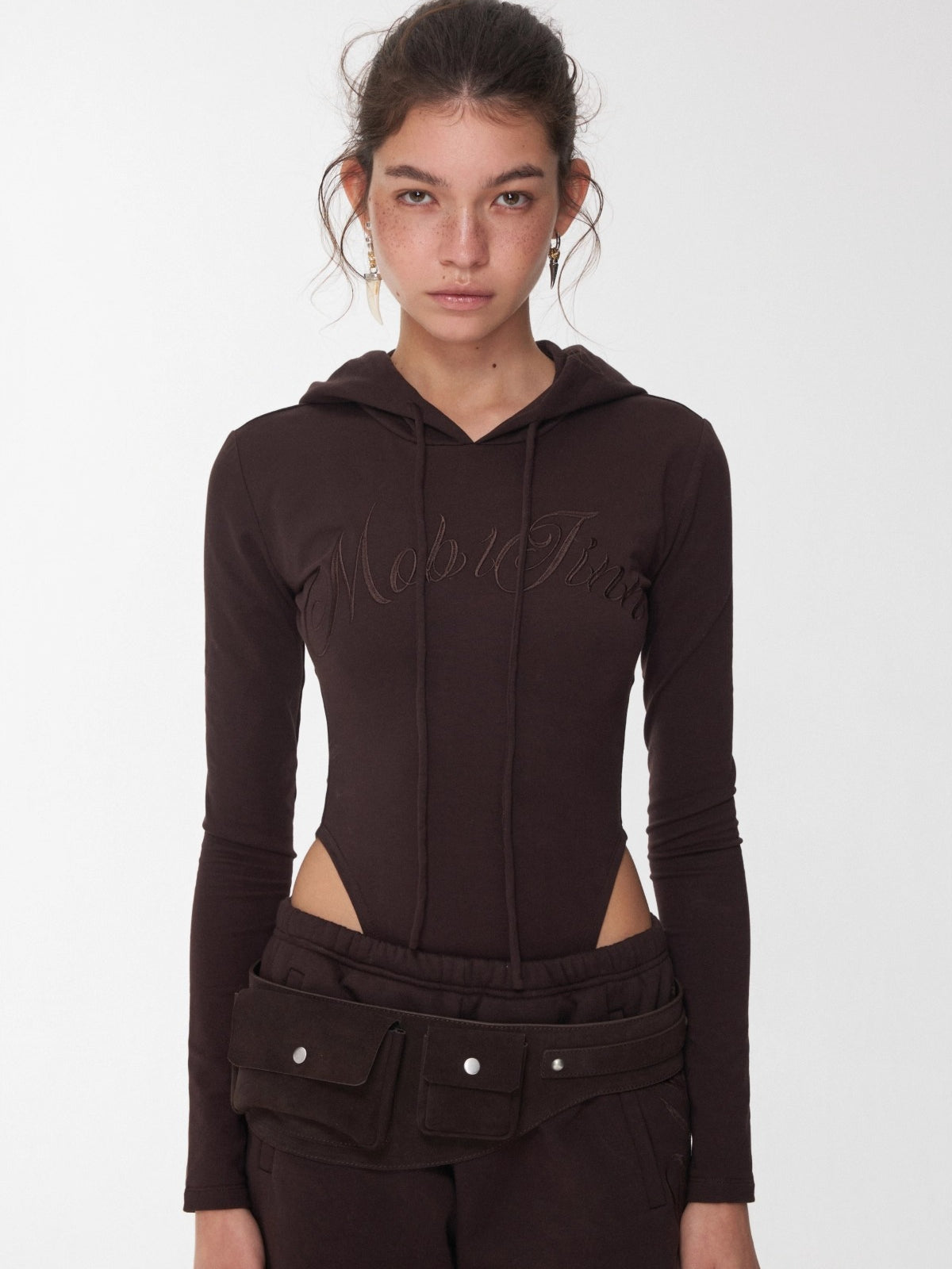 Embroidered Letter Drawstring Hooded Jumpsuit