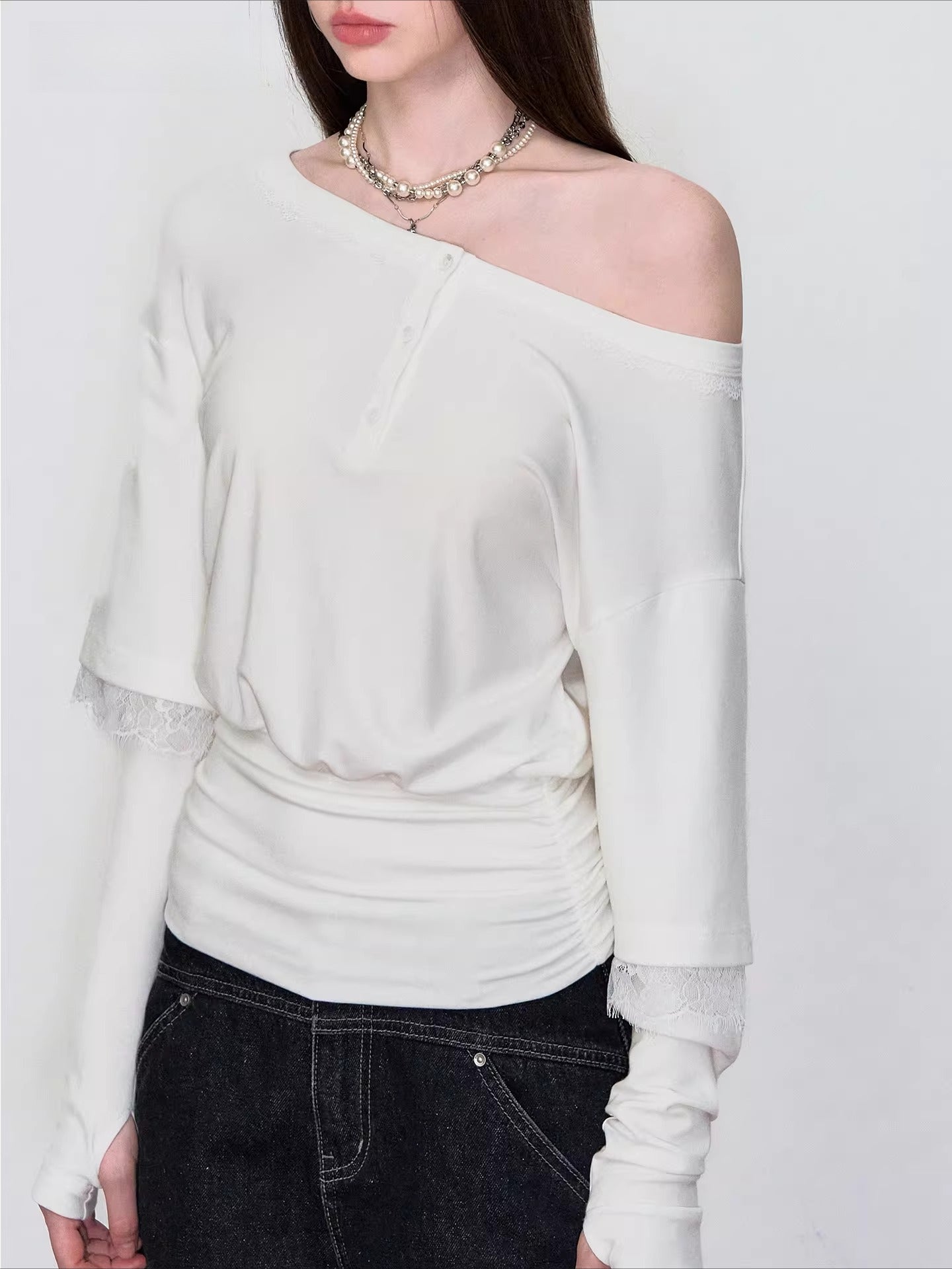 Asymmetric Lace-Panel Faux Layered T-Shirt