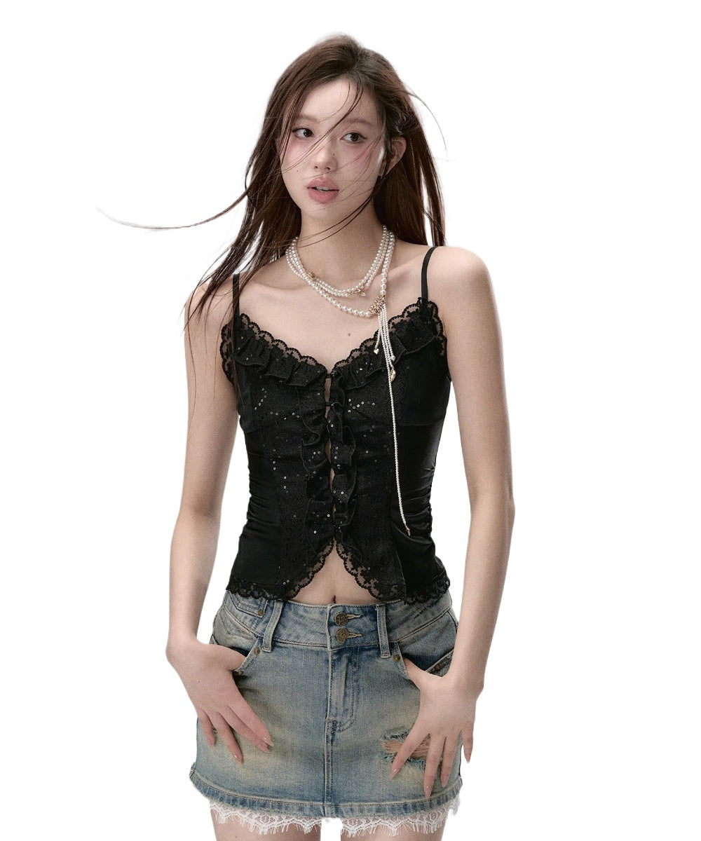 Sparkly Lace Ruffled Edge Tank Top - CHINASQUAD