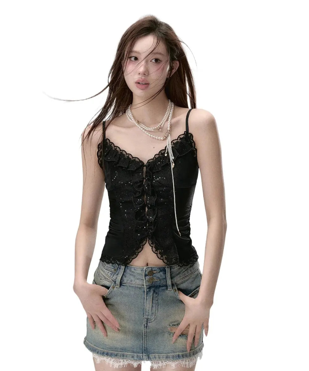 Sparkly Lace Ruffled Edge Tank Top - CHINASQUAD
