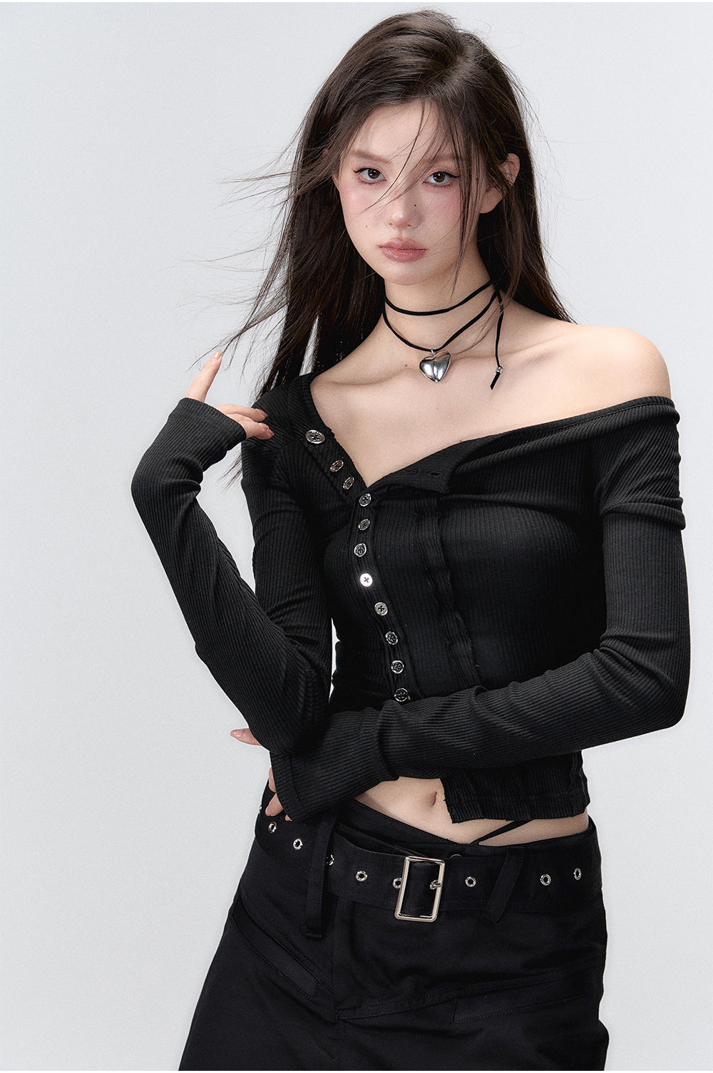 Black & Brown Buttoned Off-shoulder T-Shirt