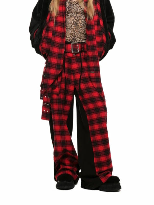 Plaid Color-Block Double-Waist Wide-Leg Pants - CHINASQUAD