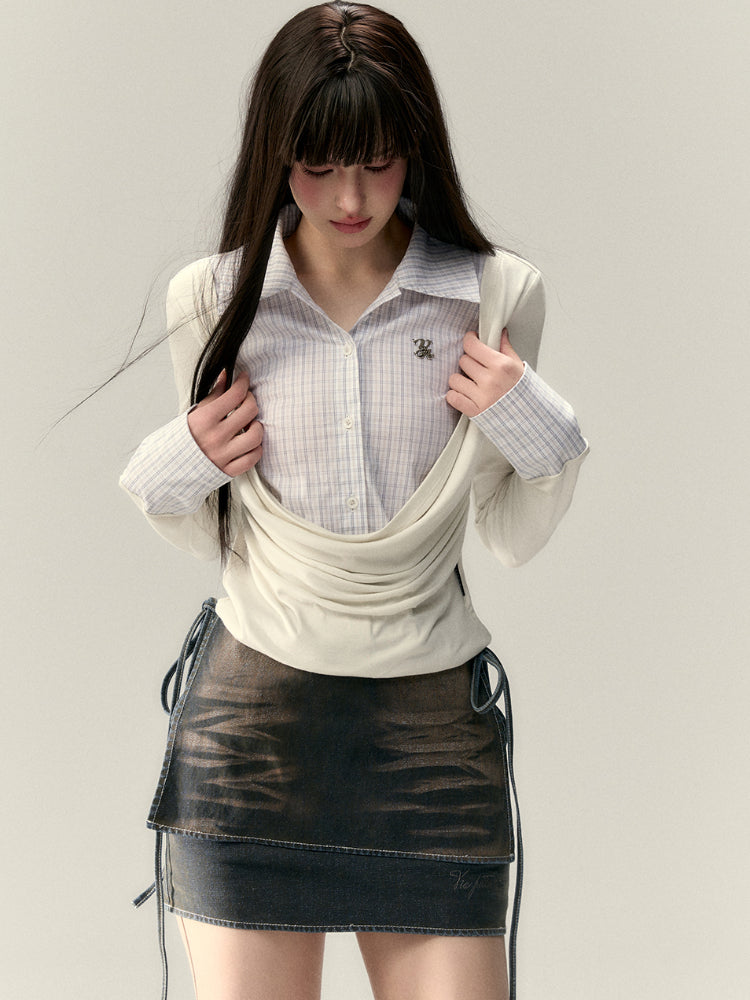 Fake Two-Piece Plaid Spliced Shirt - CHINASQUAD