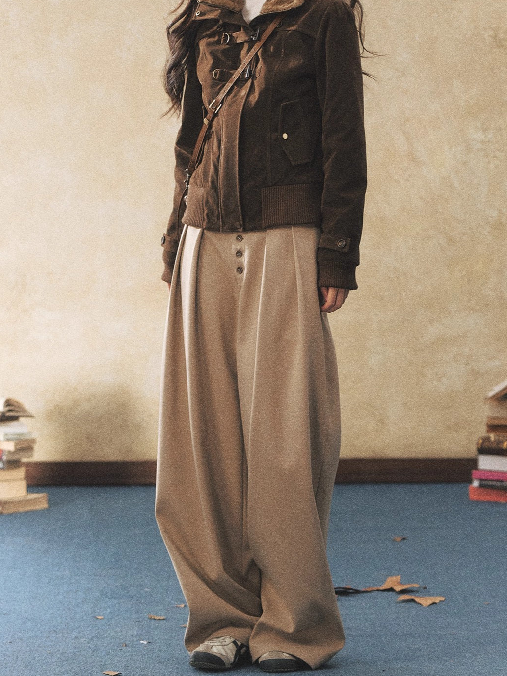 Khaki Relaxed Straight-Leg Wide Trousers